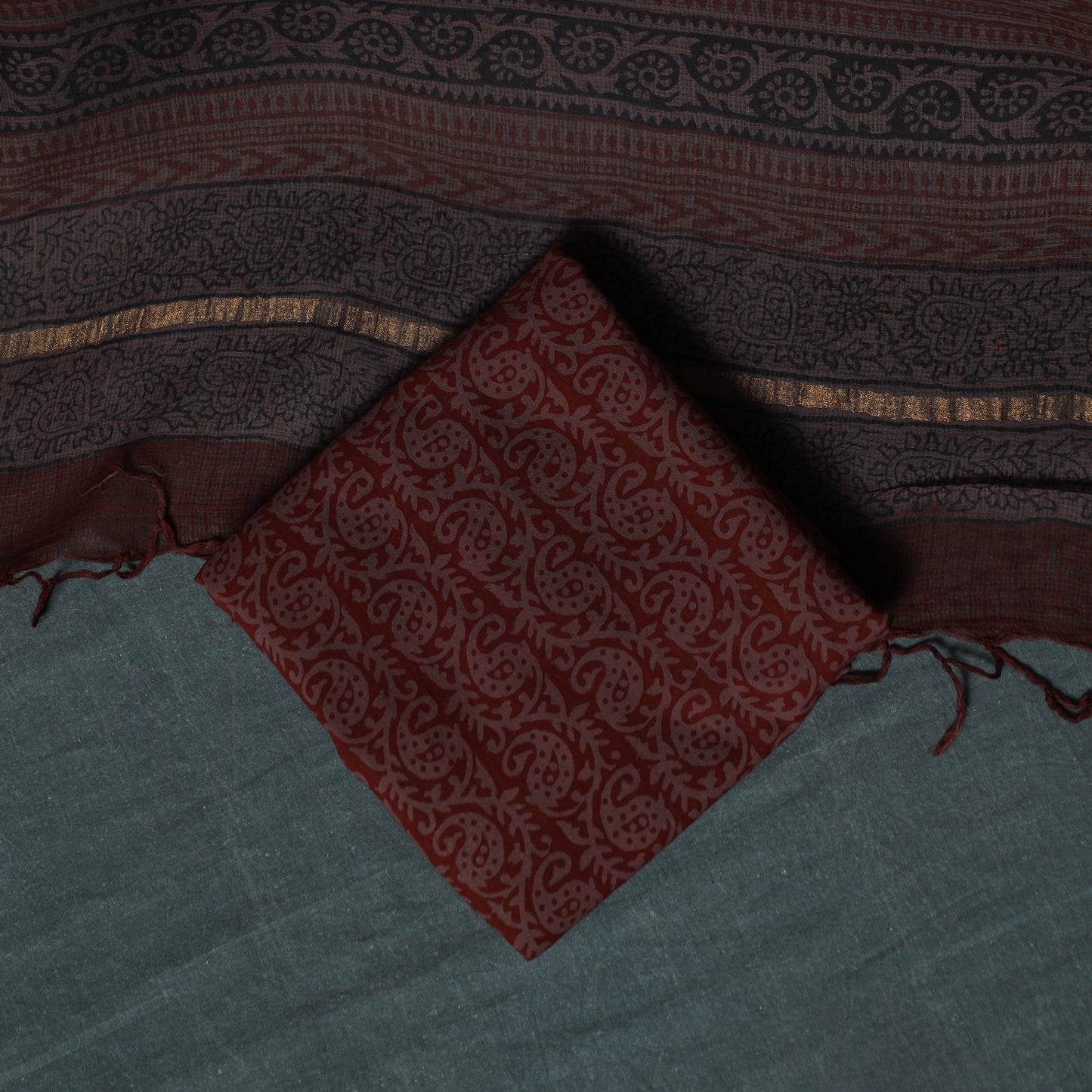 Bagh Hand Block Print Natural Dyed Kota Doria Cotton 3pc Unstitched Dress Material Suit Set 06