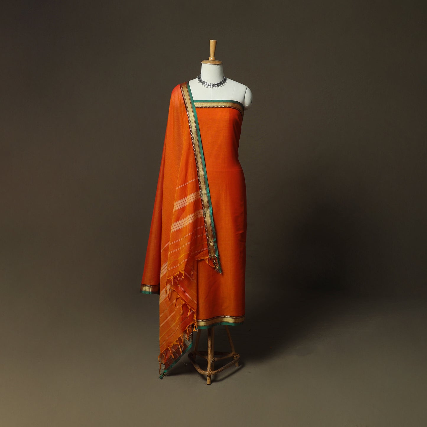 Orange - Dharwad Woven Mercerised Cotton 3pc Unstitched Dress Material Suit Set 38