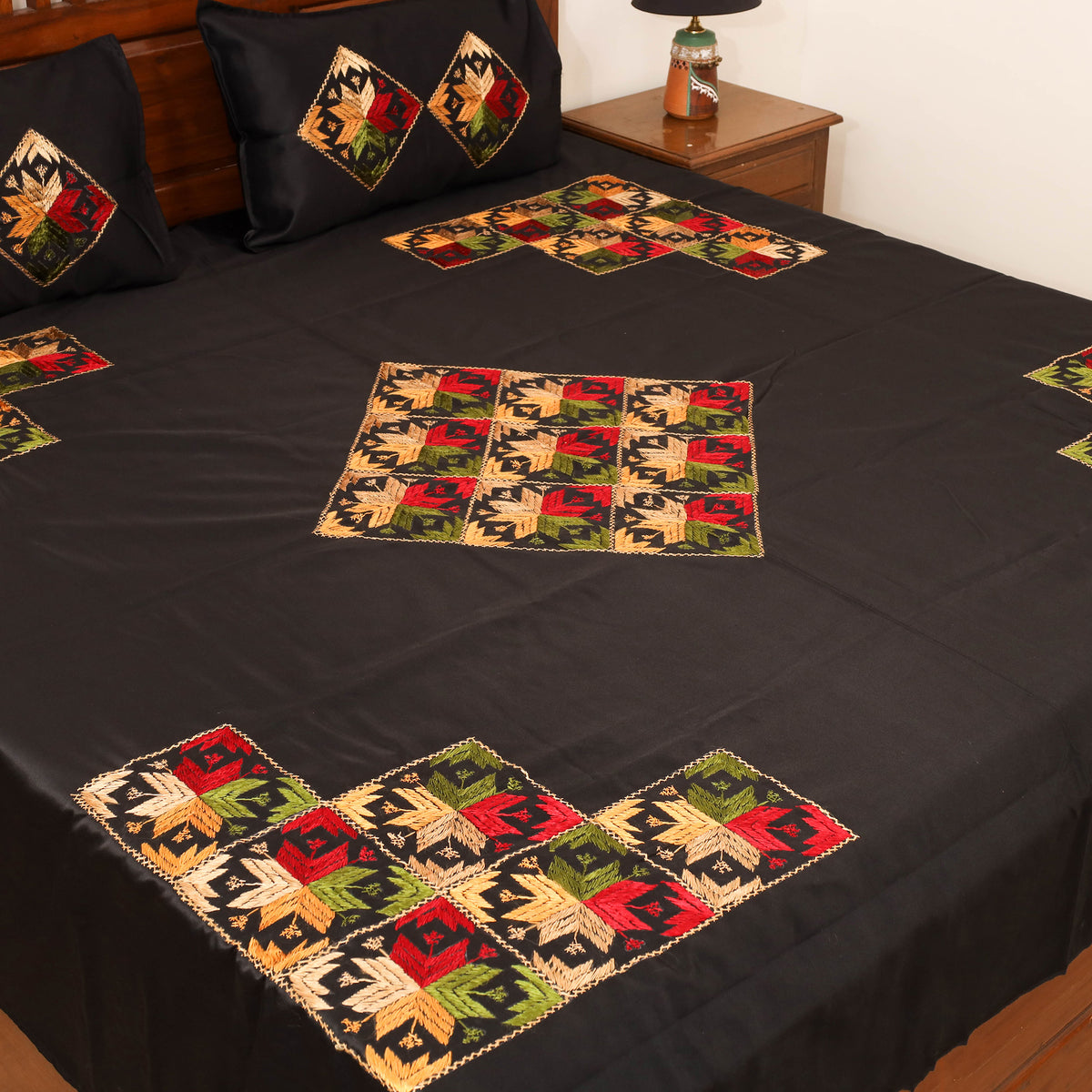 Floral phulkari hand embroidered double bedsheet with 2