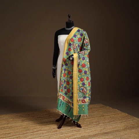 Srikalahasti Pen Work Kalamkari Bangalore Silk Floral Handpainted Dupatta 18
