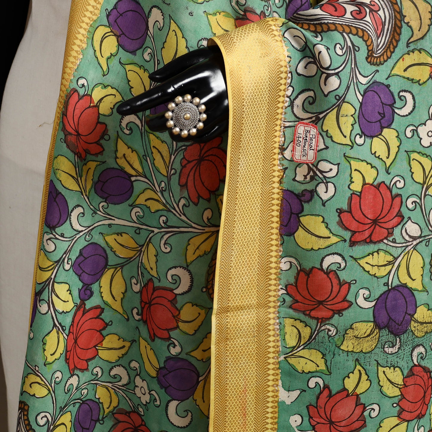Srikalahasti Pen Work Kalamkari Bangalore Silk Floral Handpainted Dupatta 18