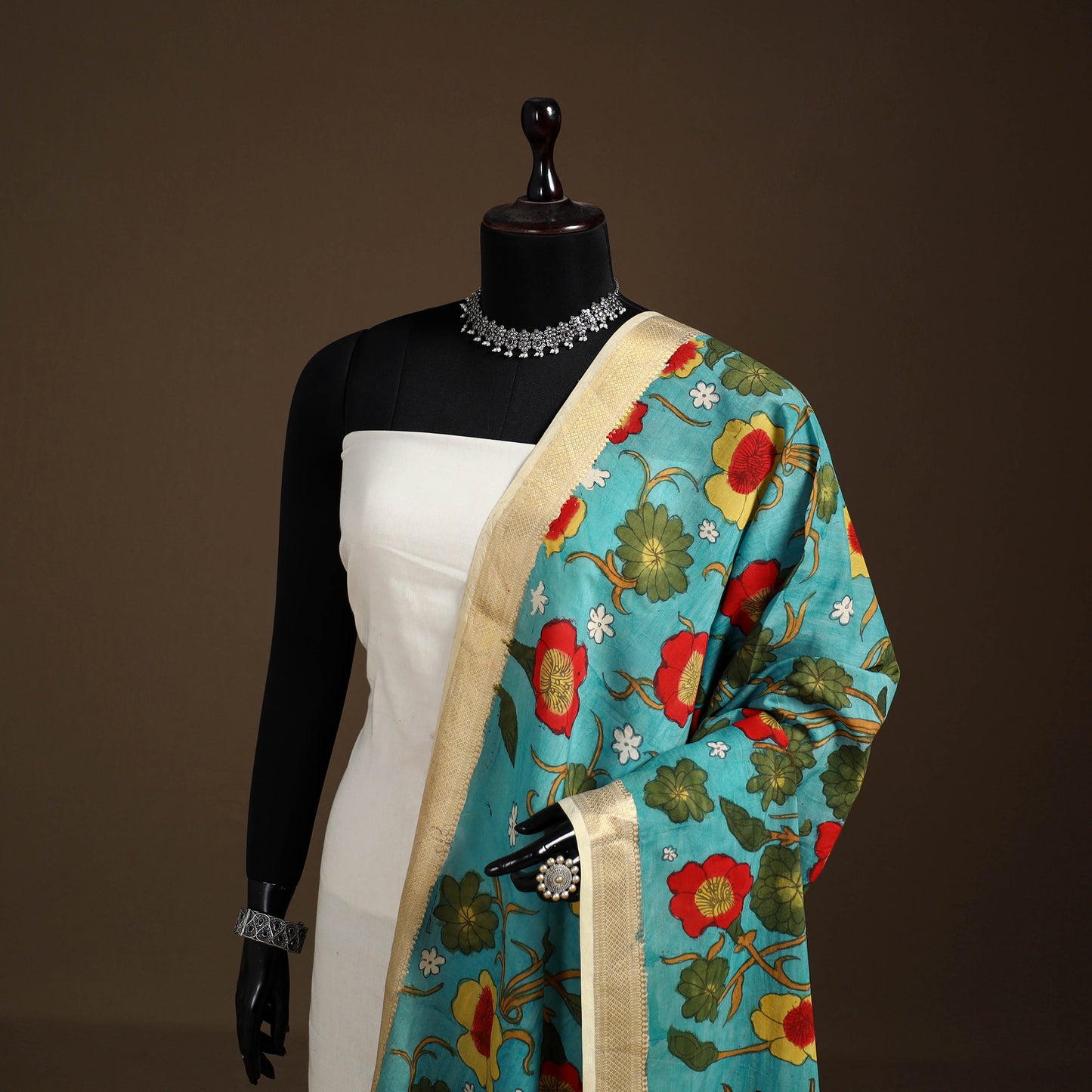 Srikalahasti Pen Work Kalamkari Bangalore Silk Floral Handpainted Dupatta 19