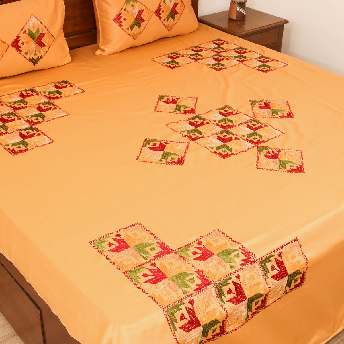 Floral phulkari hand embroidered double bedsheet with 2