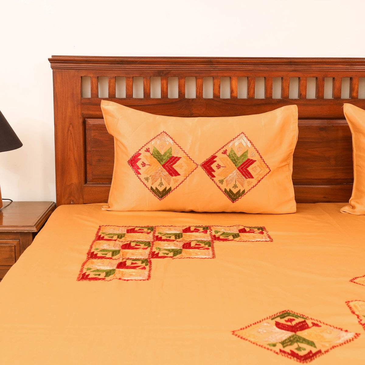 Floral phulkari hand embroidered double bedsheet with 2