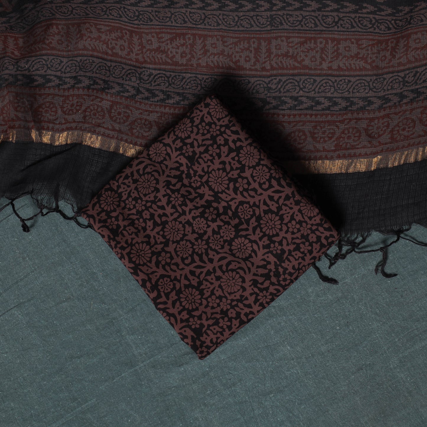 Bagh Hand Block Print Natural Dyed Kota Doria Cotton 3pc Unstitched Dress Material Suit Set 09