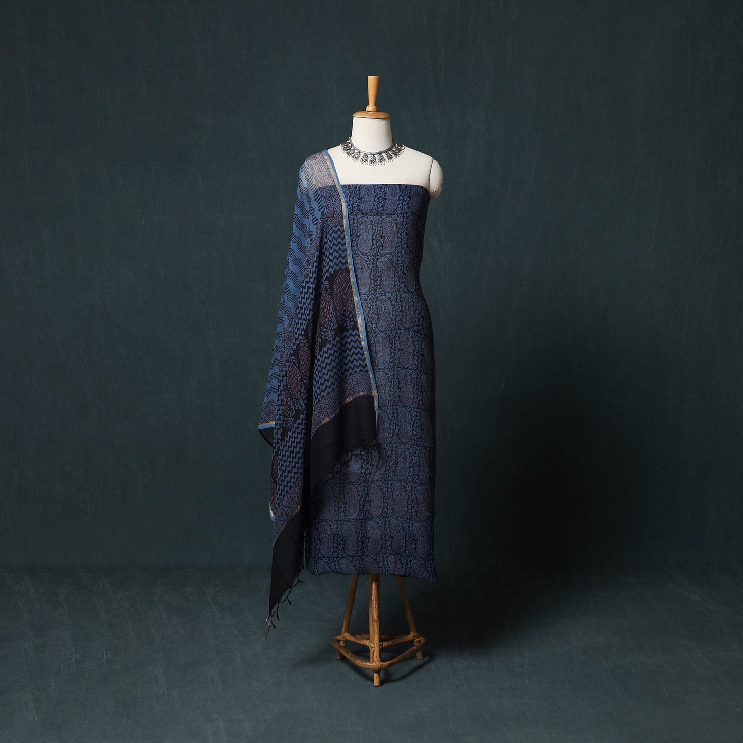 Bagh Hand Block Print Natural Dyed Kota Doria Cotton 3pc Unstitched Dress Material Suit Set 10