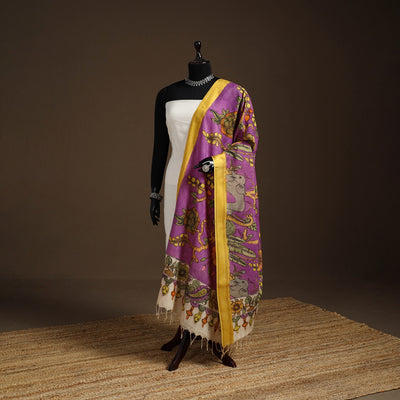 Srikalahasti Pen Work Kalamkari Bangalore Silk Floral Handpainted Dupatta 22