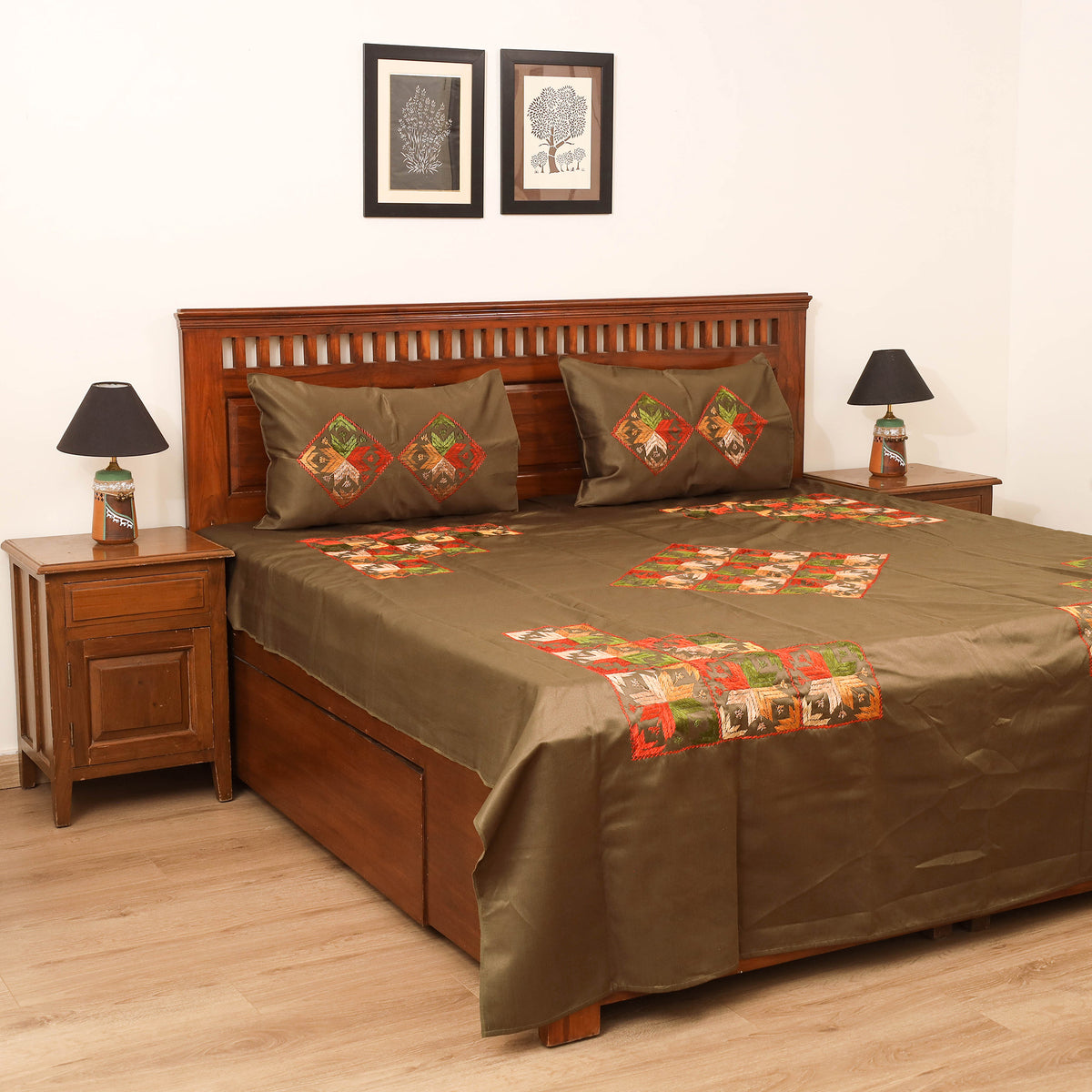 Floral phulkari hand embroidered double bedsheet with 2