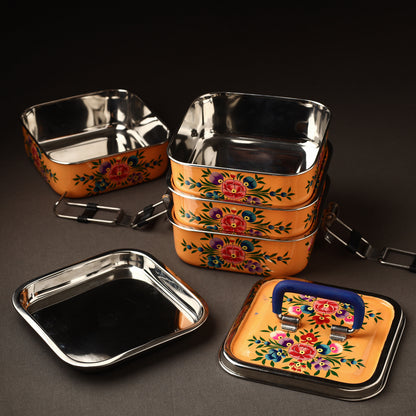 Kashmir Enamelware Floral Handpainted Stainless Steel 4 Tier Tiffin Box