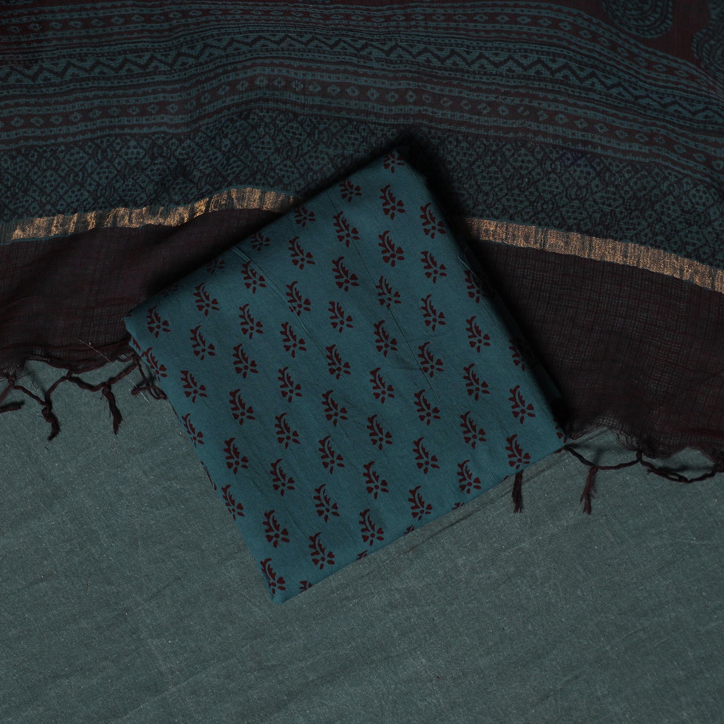 Bagh Hand Block Print Natural Dyed Kota Doria Cotton 3pc Unstitched Dress Material Suit Set 11