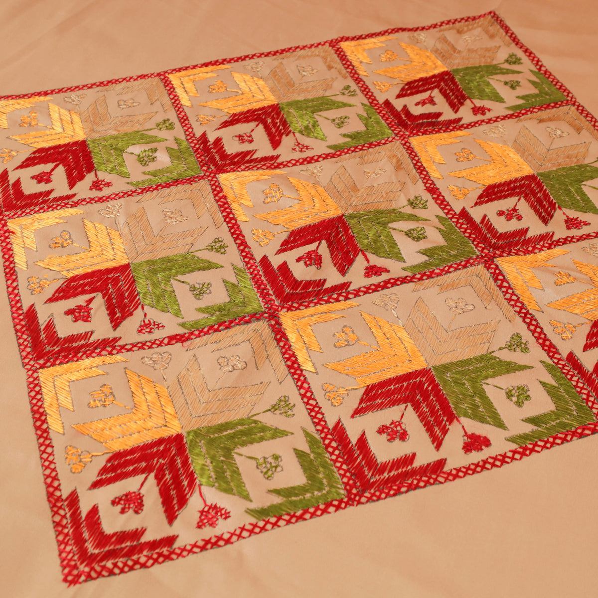 Floral Phulkari Hand Embroidered Double Bedsheet with 2 Pillow Covers Set (108 x 90 in) 04