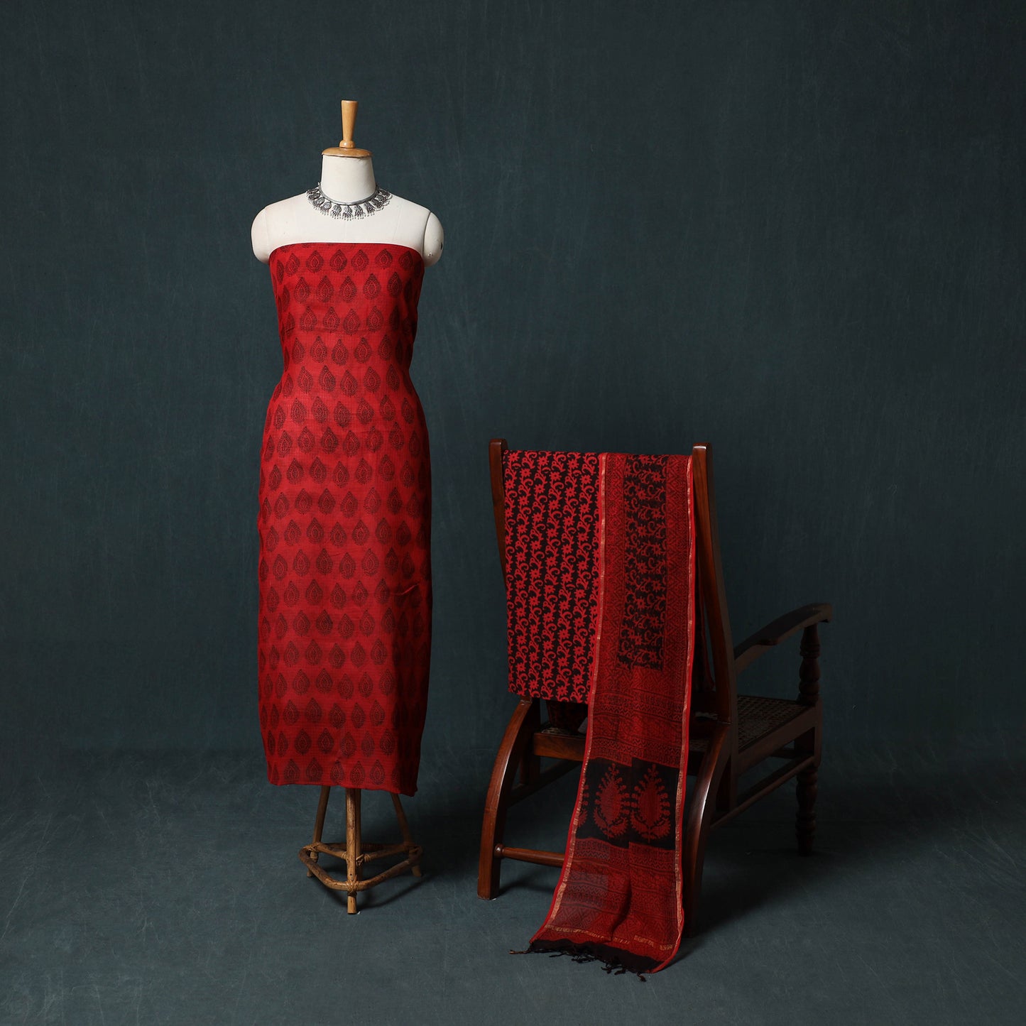 Bagh Hand Block Print Natural Dyed Kota Doria Cotton 3pc Unstitched Dress Material Suit Set 12