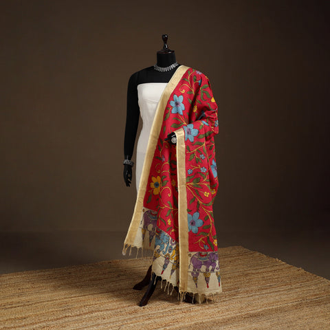 Srikalahasti Pen Work Kalamkari Bangalore Silk Floral Handpainted Dupatta 26