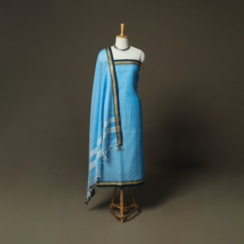 Blue - Dharwad Woven Mercerised Cotton 3pc Unstitched Dress Material Suit Set 44