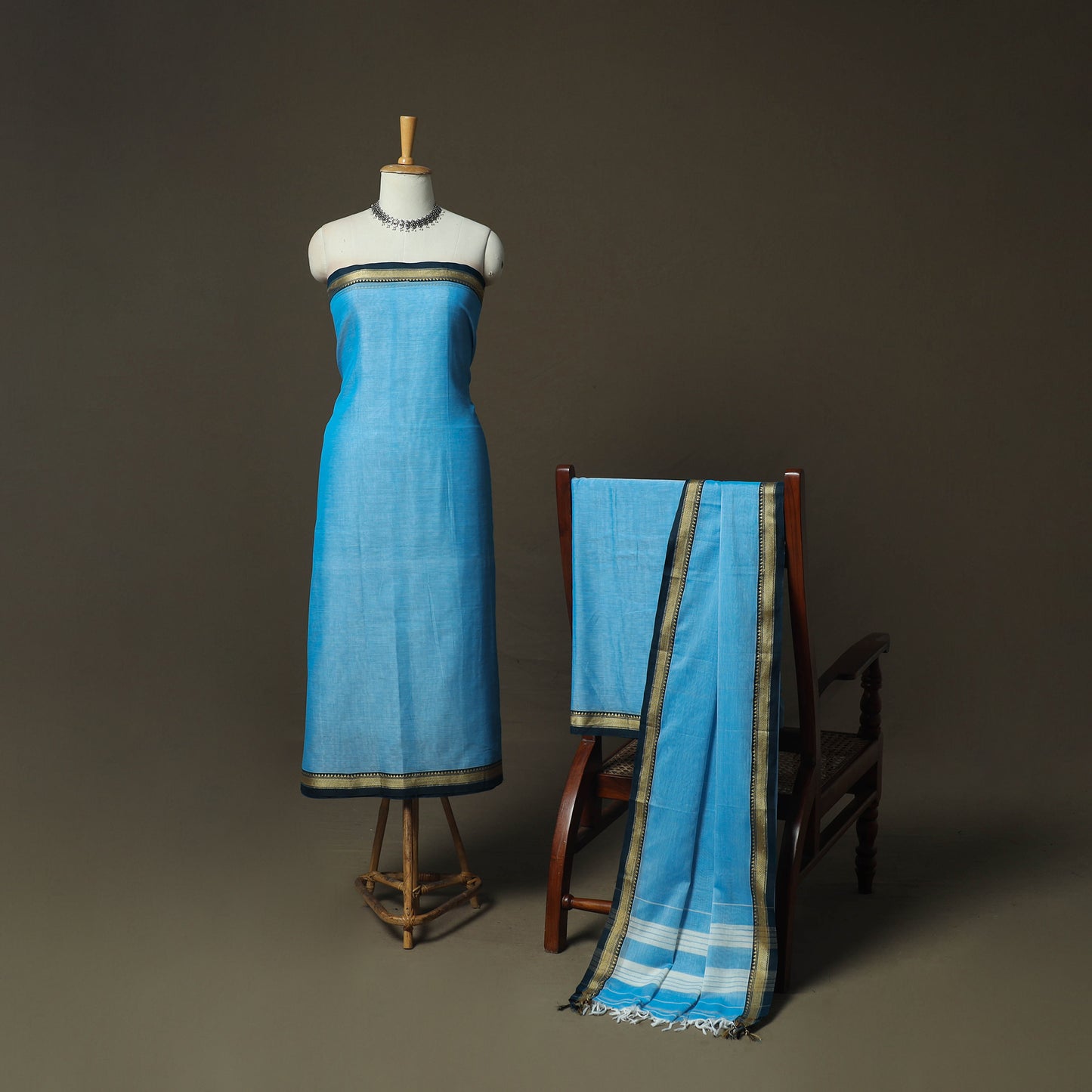 Blue - Dharwad Woven Mercerised Cotton 3pc Unstitched Dress Material Suit Set 44