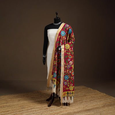 Srikalahasti Pen Work Kalamkari Bangalore Silk Floral Handpainted Dupatta 27