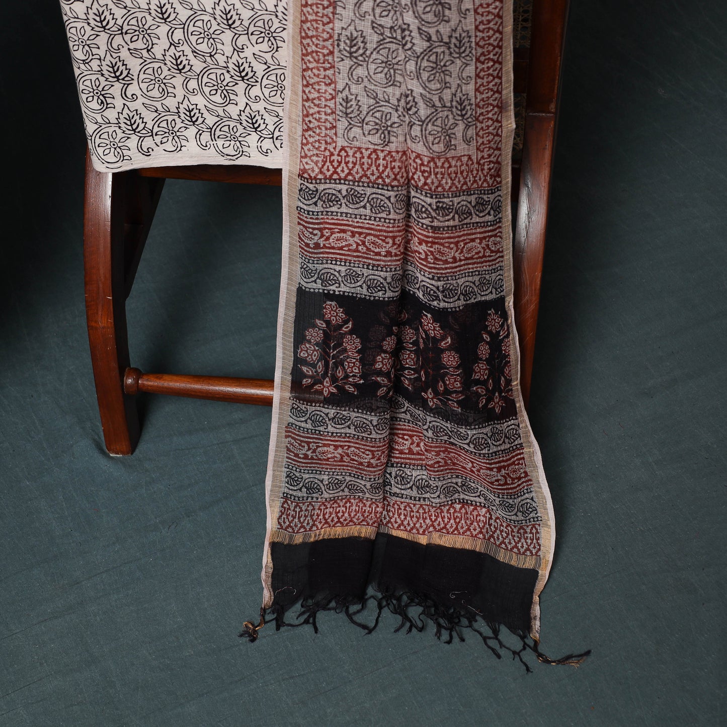 Bagh Hand Block Print Natural Dyed Kota Doria Cotton 3pc Unstitched Dress Material Suit Set 14