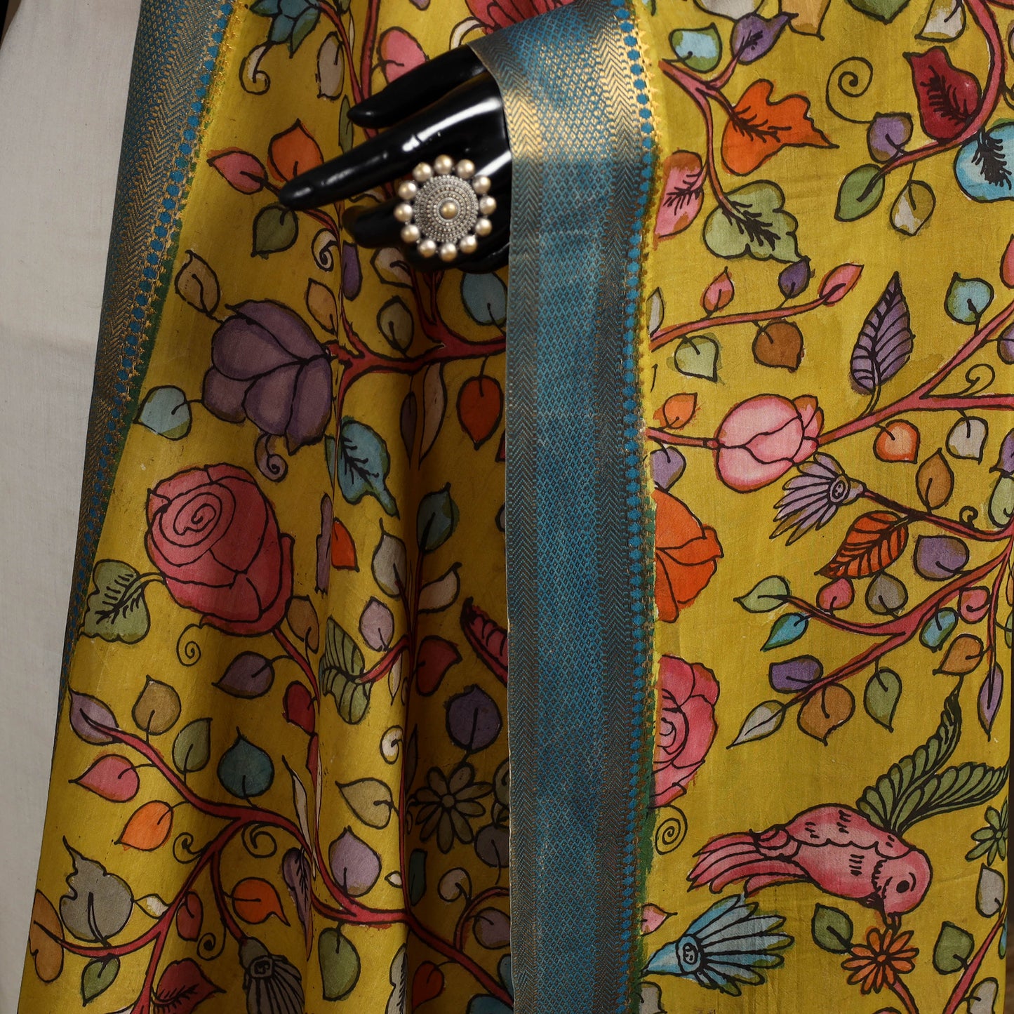 Srikalahasti Pen Work Kalamkari Bangalore Silk Floral Handpainted Dupatta 28