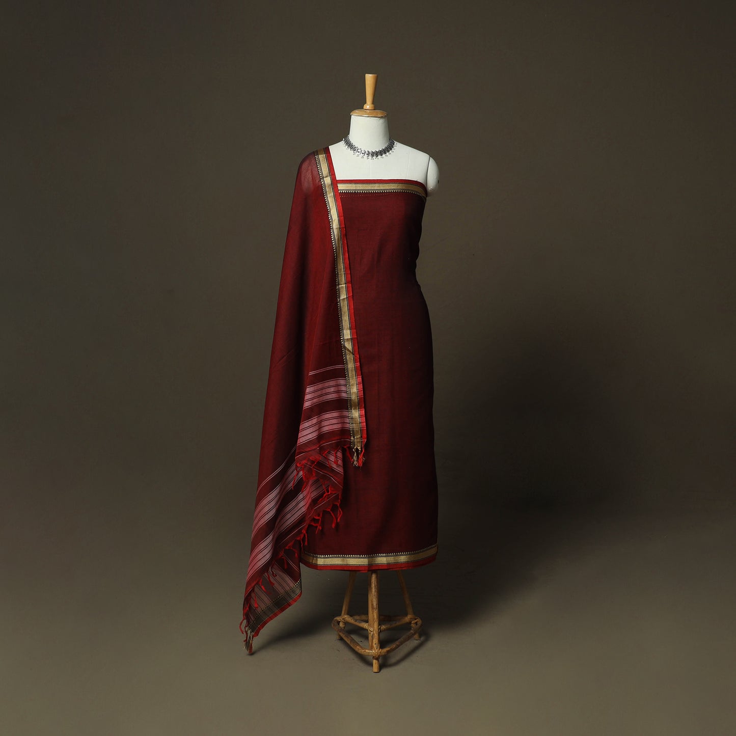 Maroon - Dharwad Woven Mercerised Cotton 3pc Unstitched Dress Material Suit Set 45