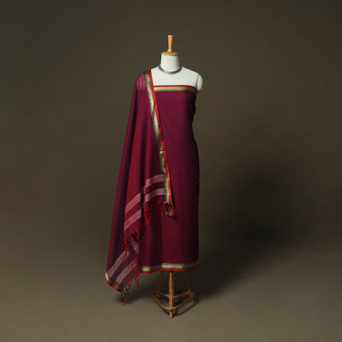 Maroon - Dharwad Woven Mercerised Cotton 3pc Unstitched Dress Material Suit Set 46