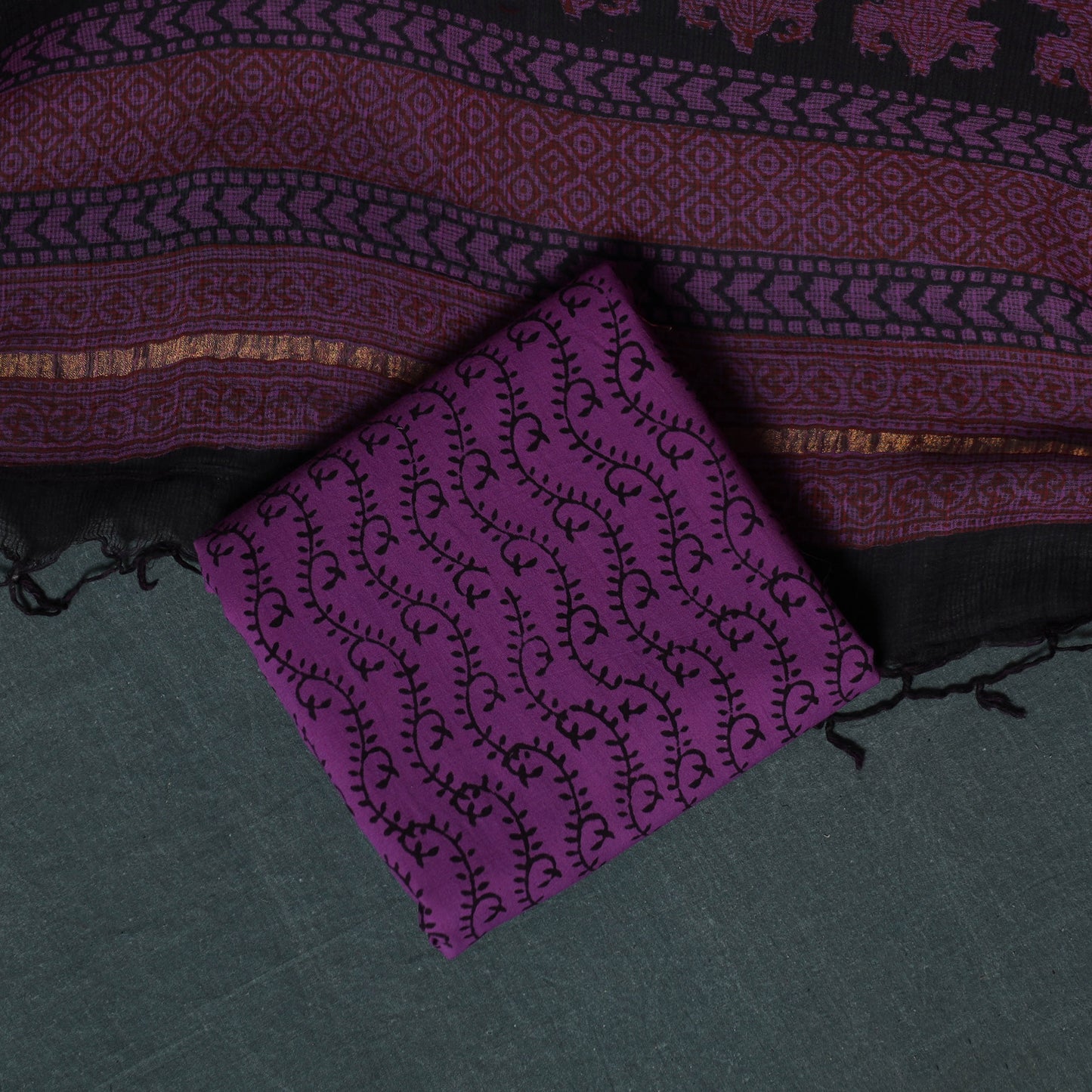 Bagh Hand Block Print Natural Dyed Kota Doria Cotton 3pc Unstitched Dress Material Suit Set 15