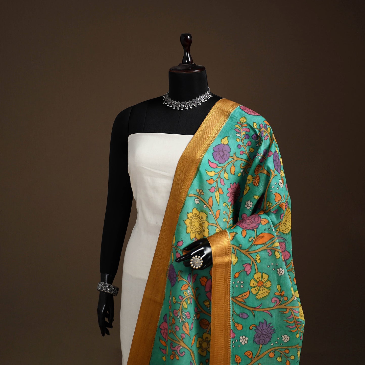 Srikalahasti Pen Work Kalamkari Bangalore Silk Floral Handpainted Dupatta 30