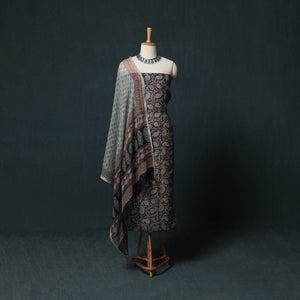 Black - Bagh Hand Block Print Natural Dyed Kota Doria Cotton 3pc Unstitched Dress Material Suit Set 16