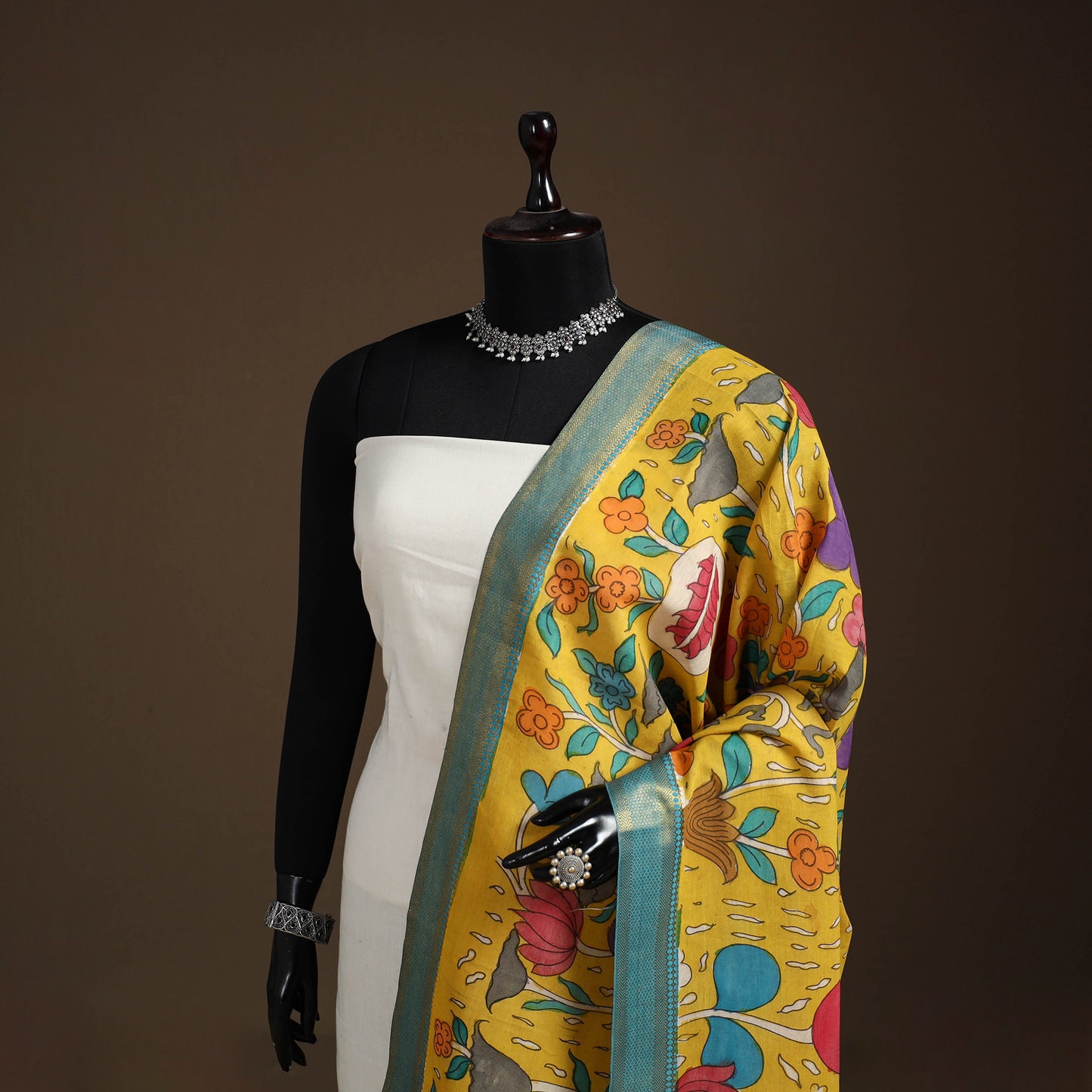 Srikalahasti Pen Work Kalamkari Bangalore Silk Floral Handpainted Dupatta 31