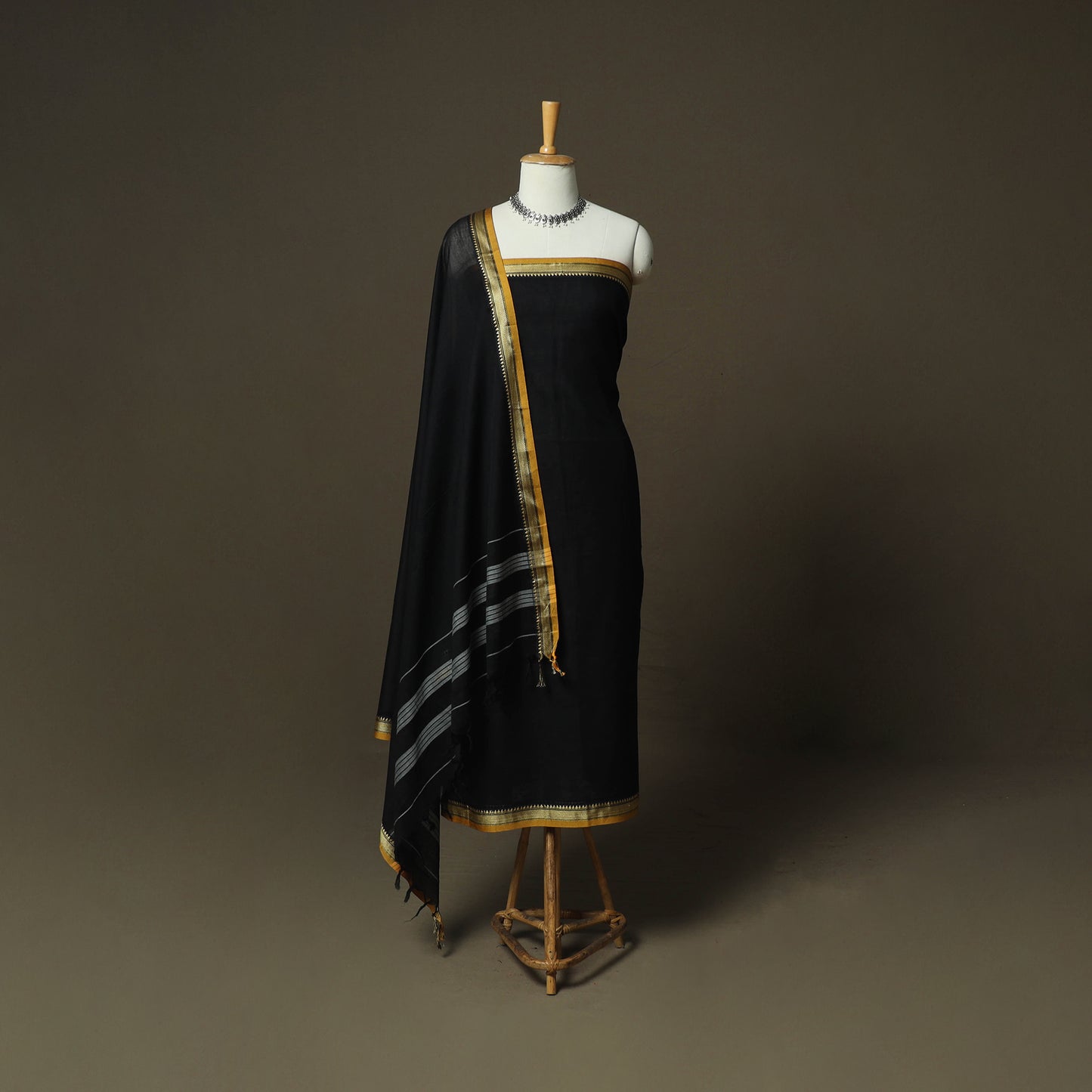 Black - Dharwad Woven Mercerised Cotton 3pc Unstitched Dress Material Suit Set 47