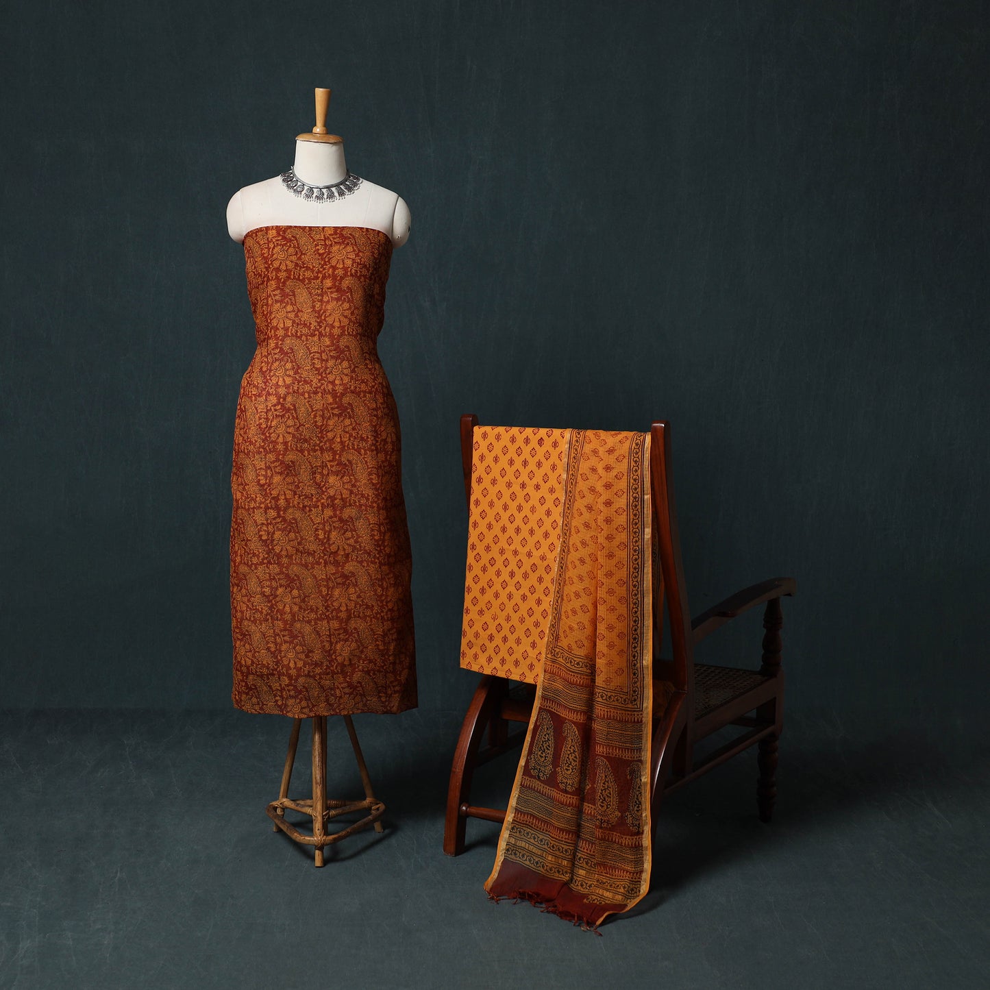 Bagh Hand Block Print Natural Dyed Kota Doria Cotton 3pc Unstitched Dress Material Suit Set 17