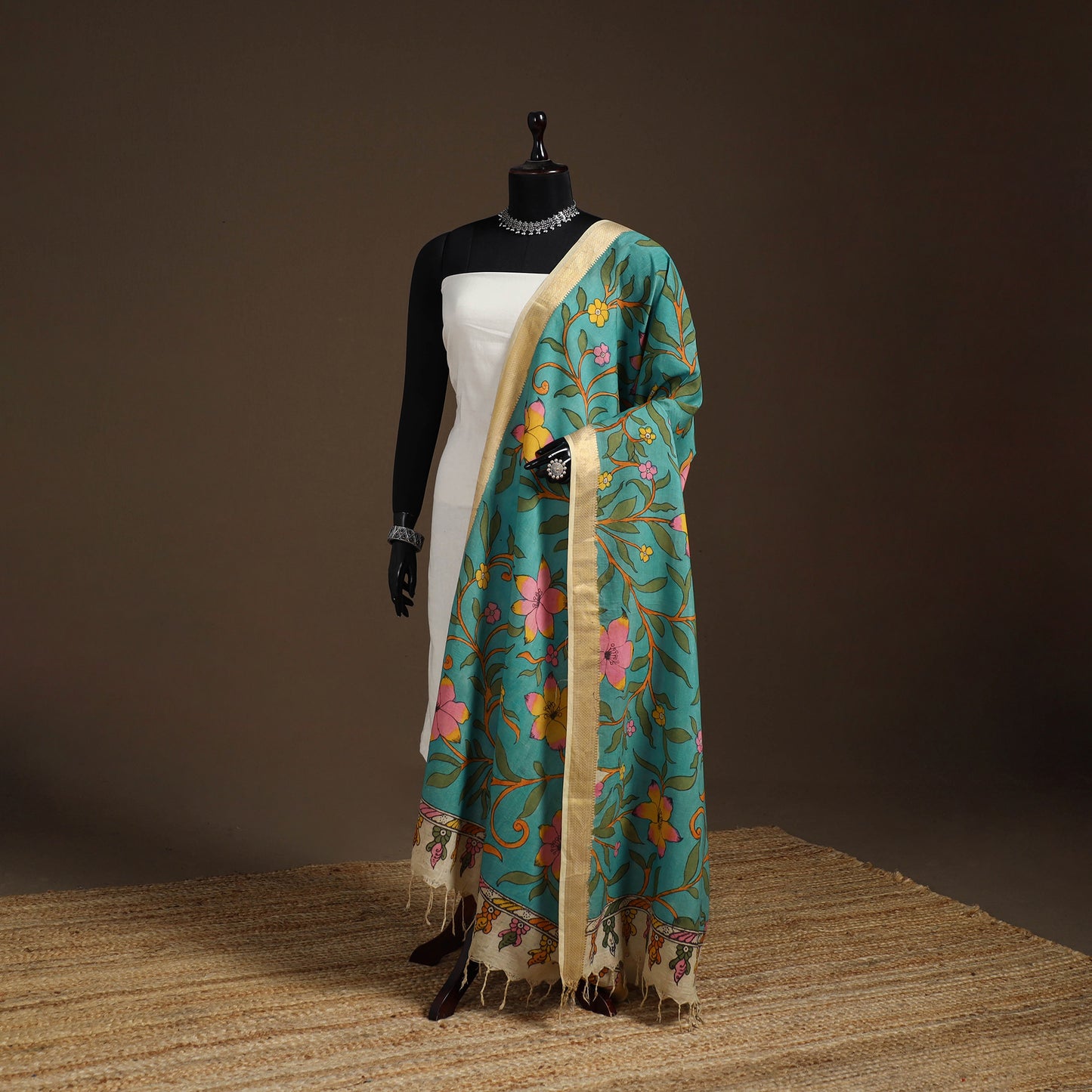 Srikalahasti Pen Work Kalamkari Bangalore Silk Floral Handpainted Dupatta 32