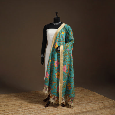 Srikalahasti Pen Work Kalamkari Bangalore Silk Floral Handpainted Dupatta 32