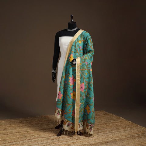 Srikalahasti Pen Work Kalamkari Bangalore Silk Floral Handpainted Dupatta 32