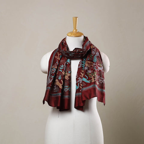 Maroon - Handloom Silk Bengal Kantha Work Stole 14