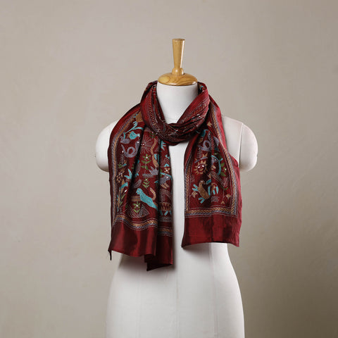 Maroon - Handloom Silk Bengal Kantha Work Stole 17