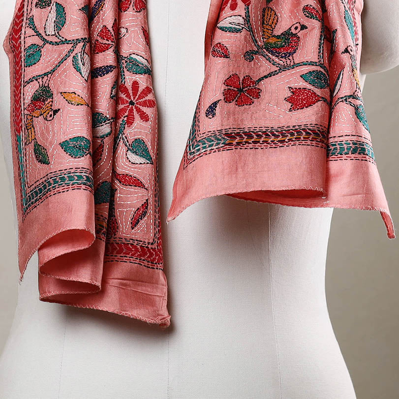 Peach - Handloom Silk Bengal Kantha Work Stole 18