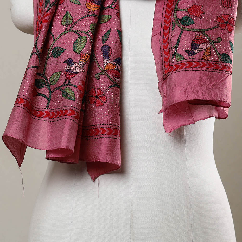 Pink - Handloom Silk Bengal Kantha Work Stole 20