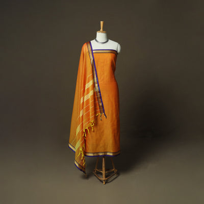Orange - Dharwad Woven Mercerised Cotton 3pc Unstitched Dress Material Suit Set 49