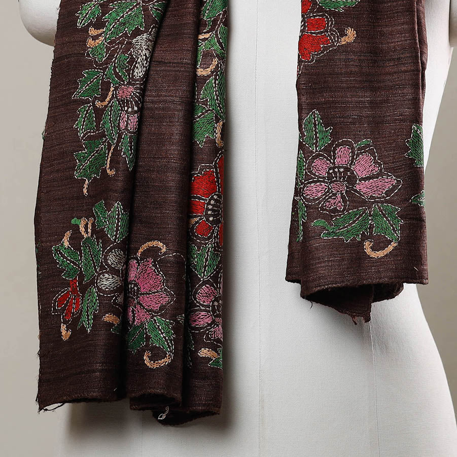 Brown - Handloom Matka Silk Bengal Kantha Work Stole 23