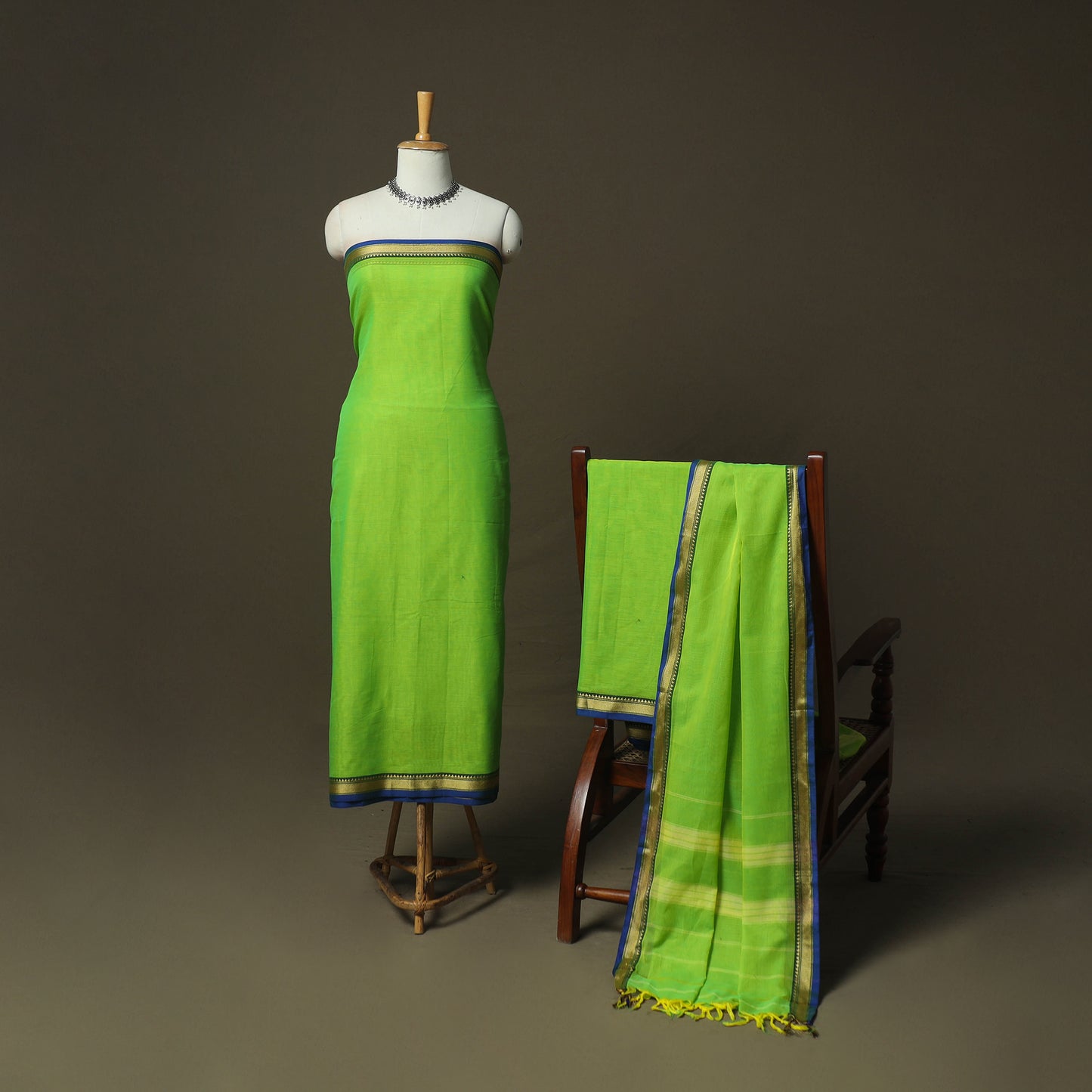 Green - Dharwad Woven Mercerised Cotton 3pc Unstitched Dress Material Suit Set 50