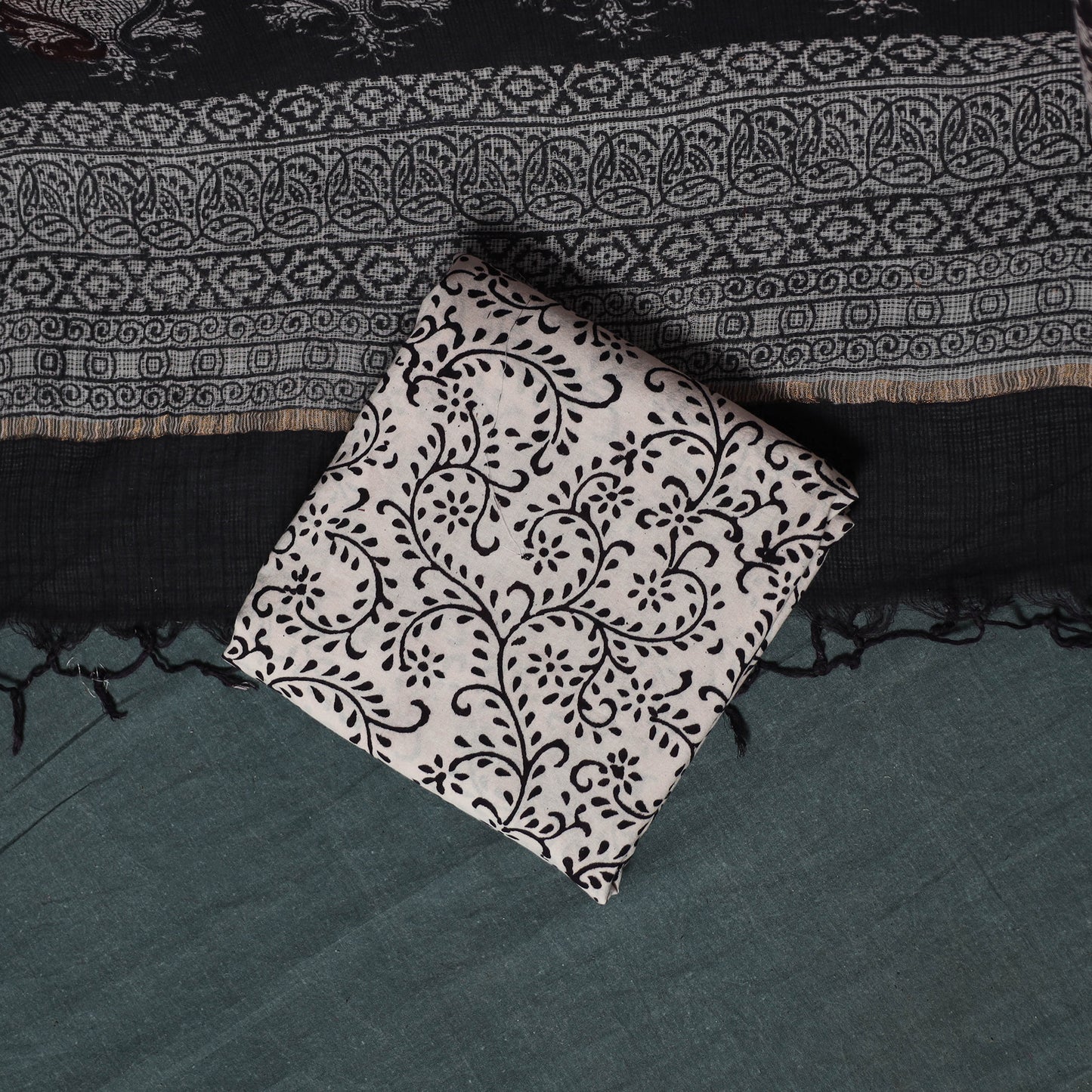 Bagh Hand Block Print Natural Dyed Kota Doria Cotton 3pc Unstitched Dress Material Suit Set 19