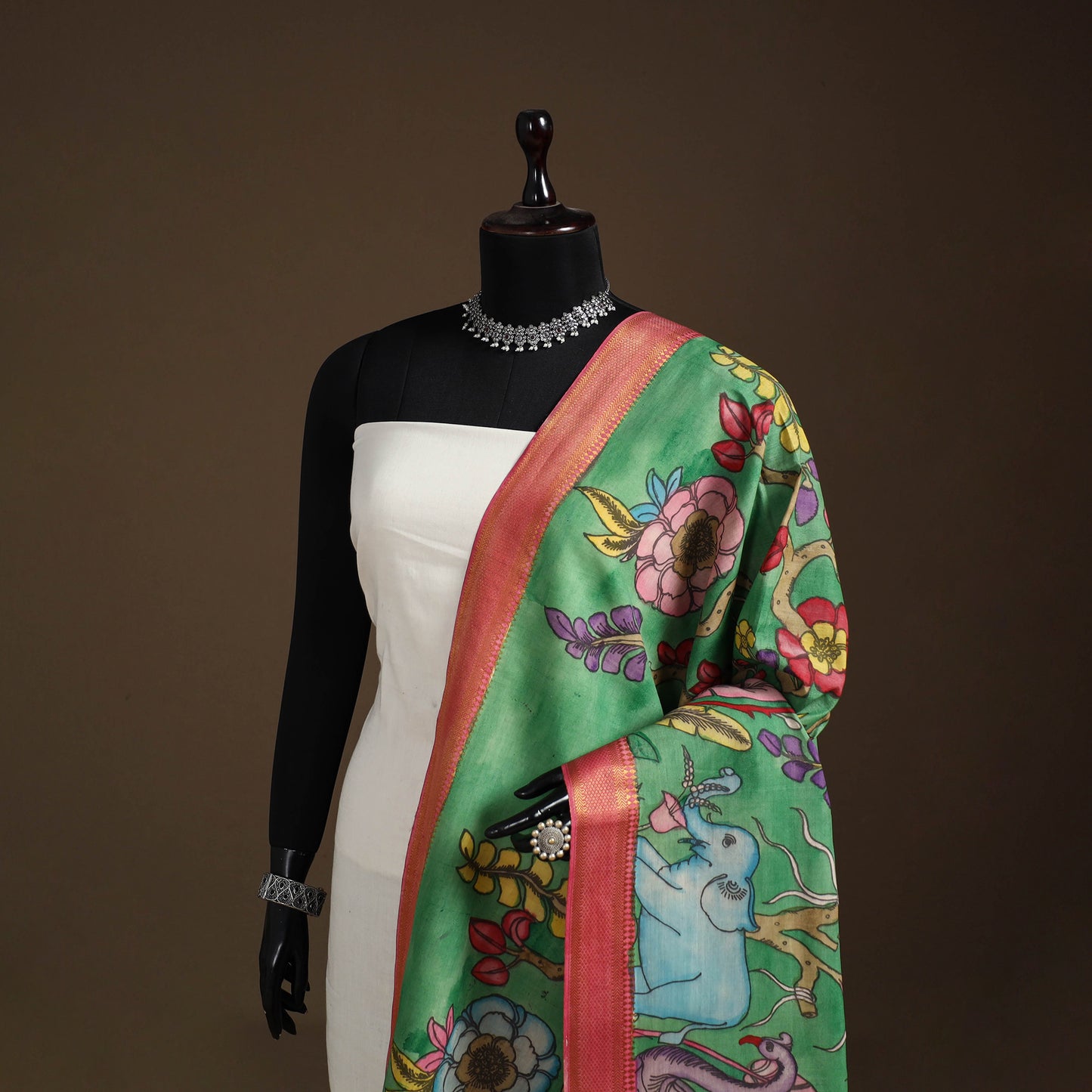 Srikalahasti Pen Work Kalamkari Bangalore Silk Floral Handpainted Dupatta 36
