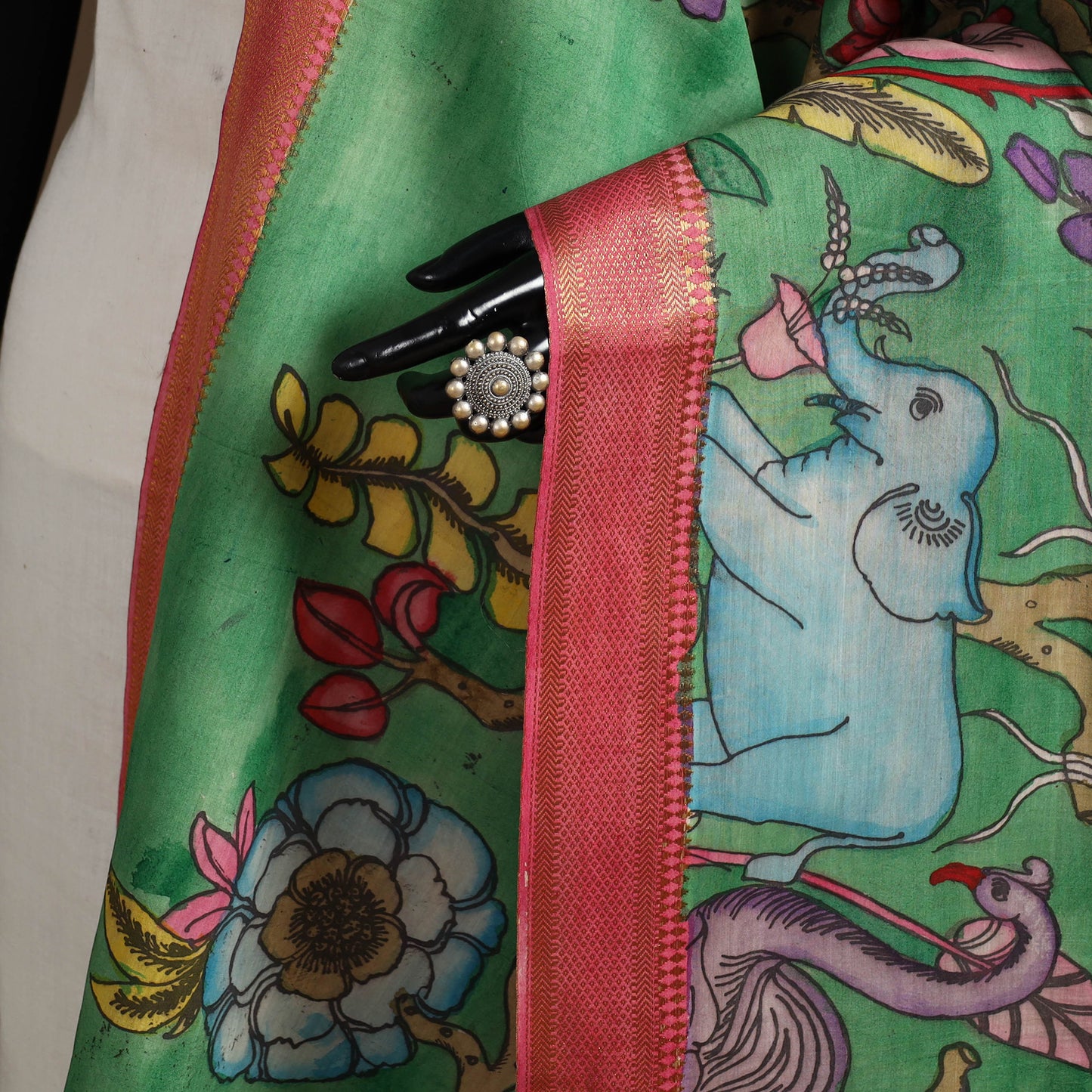 Srikalahasti Pen Work Kalamkari Bangalore Silk Floral Handpainted Dupatta 36