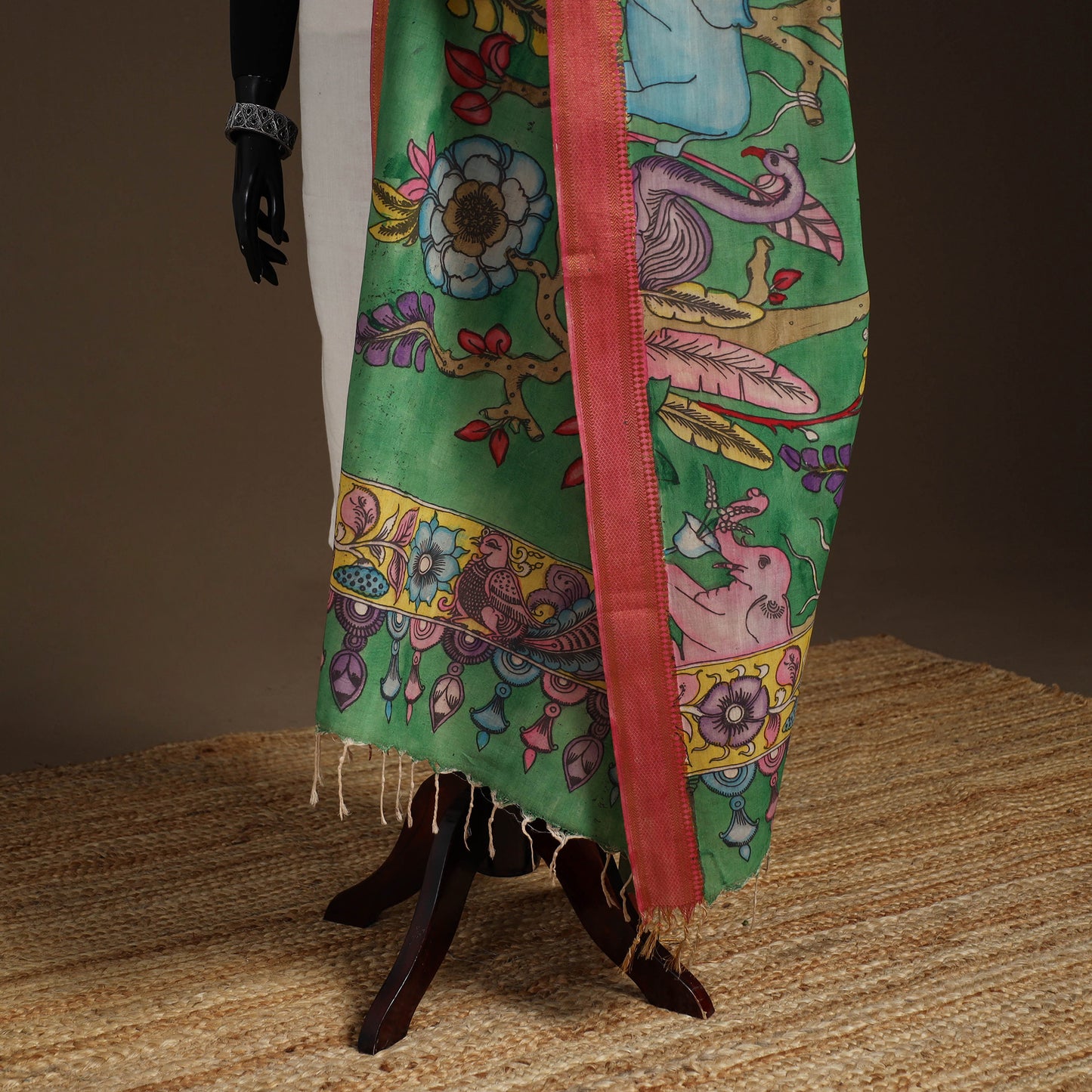 Srikalahasti Pen Work Kalamkari Bangalore Silk Floral Handpainted Dupatta 36