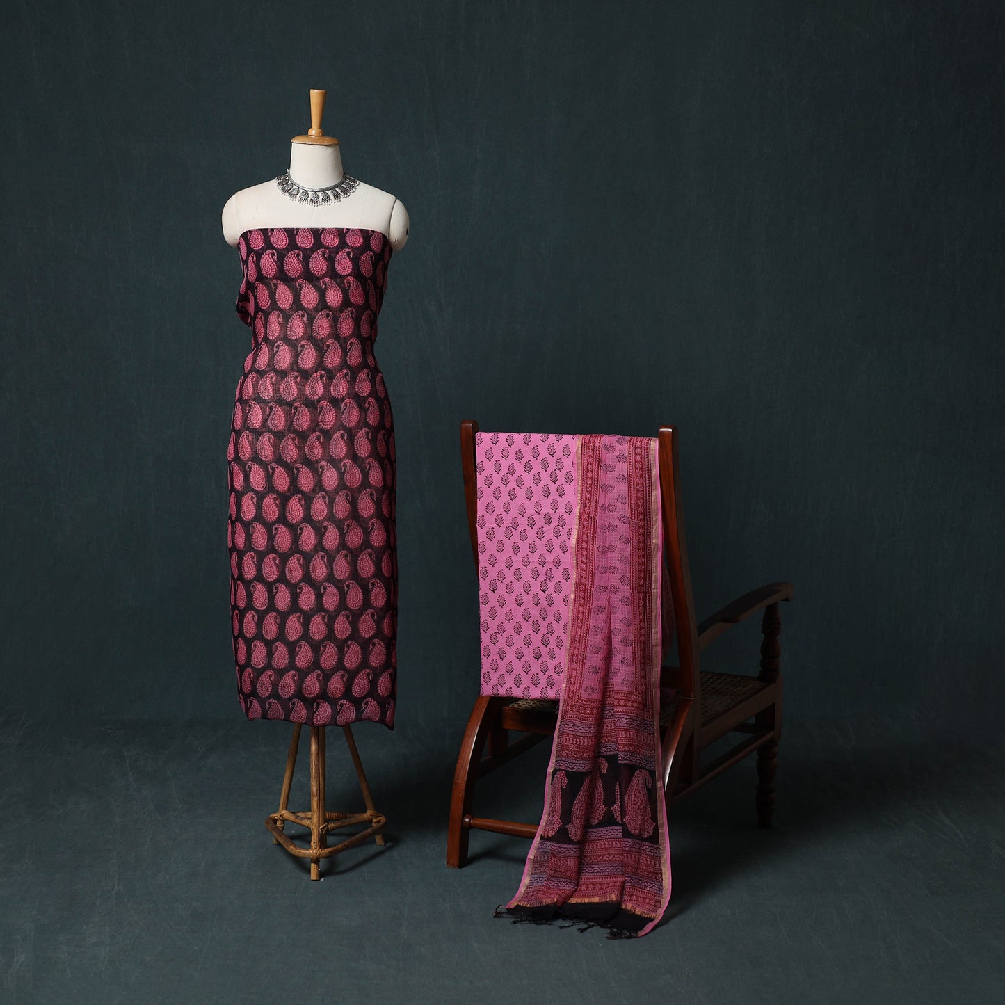 Bagh Hand Block Print Natural Dyed Kota Doria Cotton 3pc Unstitched Dress Material Suit Set 21