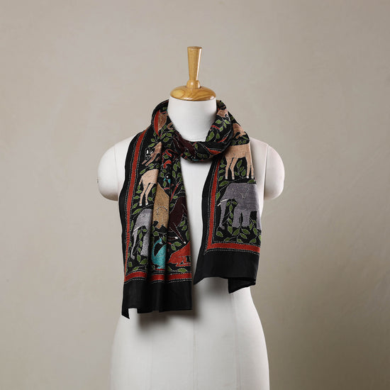 Black - Handloom Silk Bengal Kantha Work Stole 30