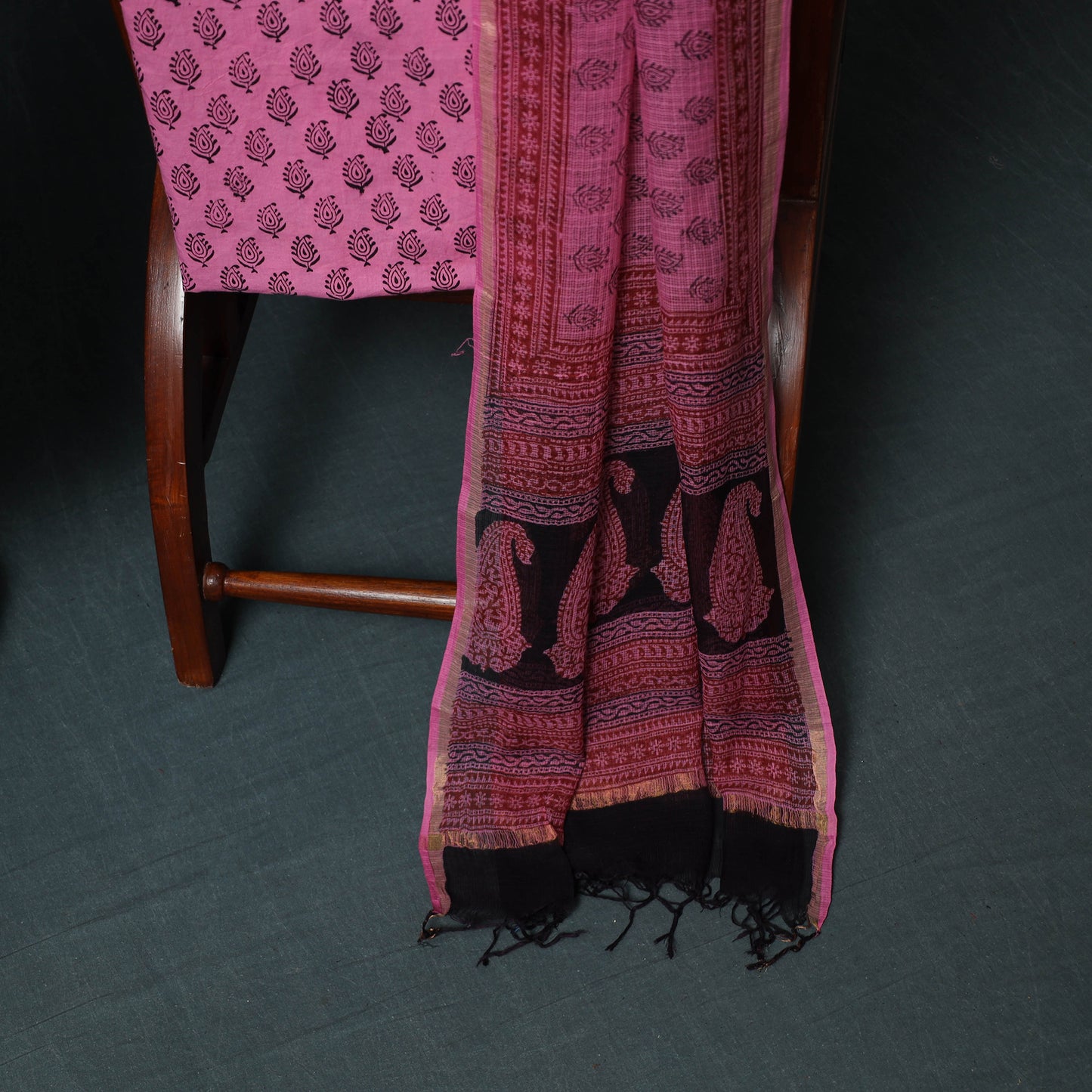Bagh Hand Block Print Natural Dyed Kota Doria Cotton 3pc Unstitched Dress Material Suit Set 21