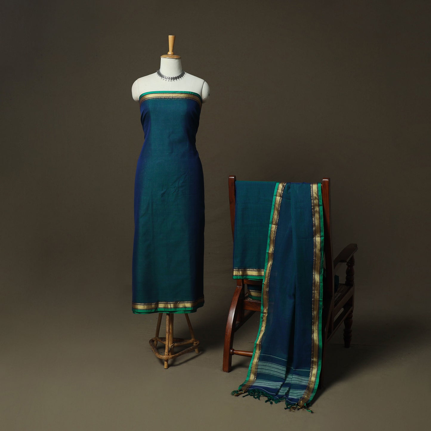Green - Dharwad Woven Mercerised Cotton 3pc Unstitched Dress Material Suit Set 53