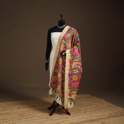 Srikalahasti Pen Work Kalamkari Bangalore Silk Floral Handpainted Dupatta 39