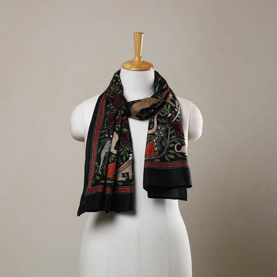 Black - Handloom Silk Bengal Kantha Work Stole 33